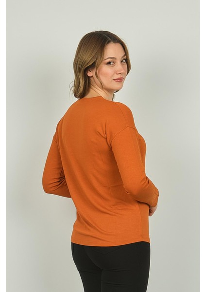 Kadın Desenli Bisiklet Yaka Uzun Kol Bluz 3629 Kiremit fırsatları