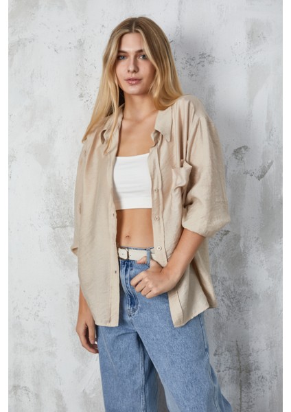 Ağaç Kabuğu Kumaş Cepli Oversize Gömlek 23483