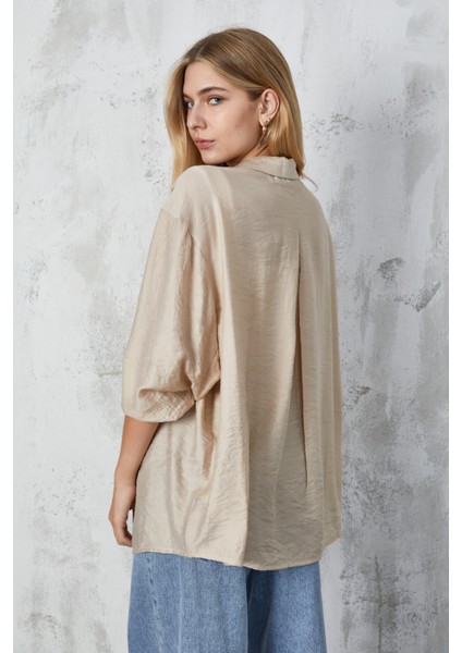 Ağaç Kabuğu Kumaş Cepli Oversize Gömlek 23483