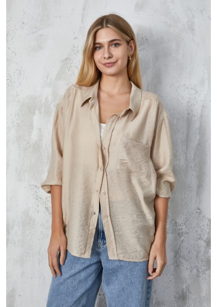 Ağaç Kabuğu Kumaş Cepli Oversize Gömlek 23483