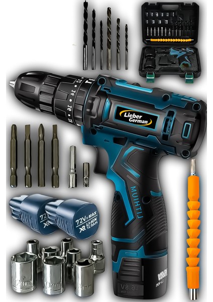Tekno Trust Darbesiz Alman Torq 58VOLT 12 Ah Otamatik Korumalı Çelik Şanzuman 2 Akülü Matkap Akülü Vidalama Şar