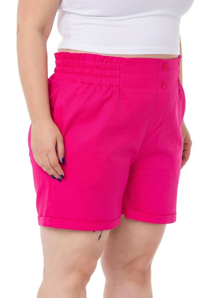 Büyük Beden Beli Yan ve Arkadan Lastikli Paçası Katlama Detaylı Gabardin Fuşya Şort fırsatları