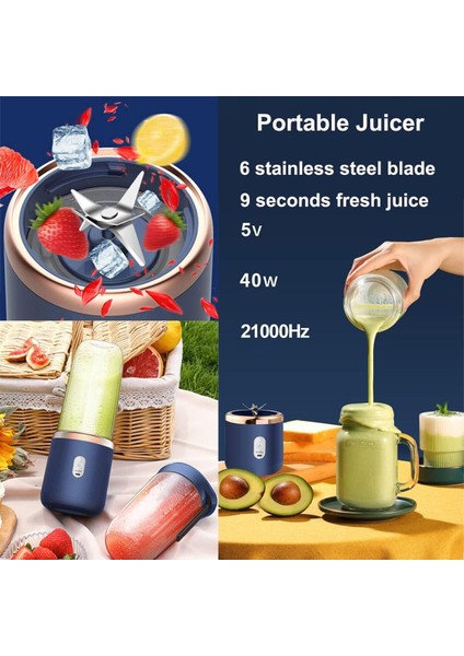 Modern Taşınabilir Smoothie Mikseri, USB ile Şarj Edilebilir, Mini El Smoothie Meyve Mikseri, 6 Bıç