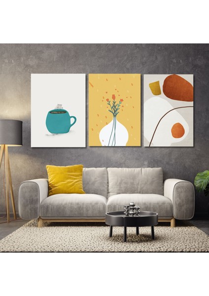 3'lü Kanvas Duvar Tablosu Seti Renkli Fincan ve Vazoda Çiçekler