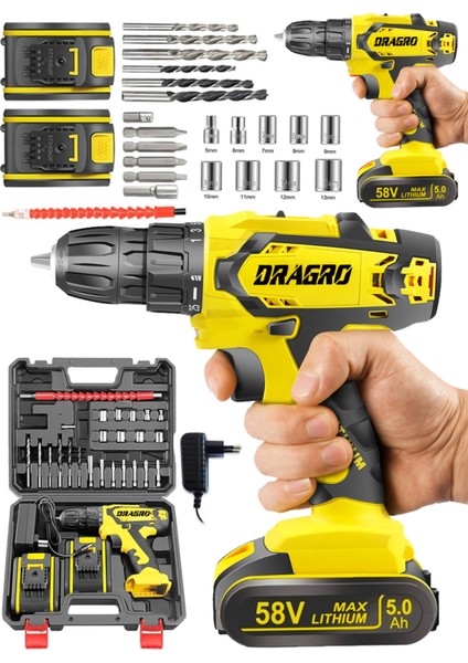 Tekno Trust 58 Volt Alman 58 V 5 Ah Darbeli Bakır Sargılı Metal Şanzuman Şarjlı Çift Akülü Vidalama Matkap Sarı