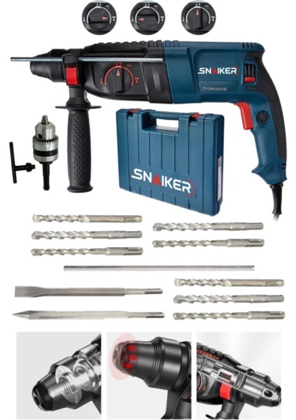 Tekno Trust Alman 3000 W 5.0 Joul Kırıcı Delici Hilti Matkap Metal Şanzumanlı + 10 Adet Uç Yedek Mandren Gri