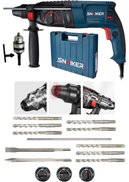 Tekno Trust Alman 3000 W 5.0 Joul Kırıcı Delici Hilti Matkap Metal Şanzumanlı + 10 Adet Uç Yedek Mandren Gri
