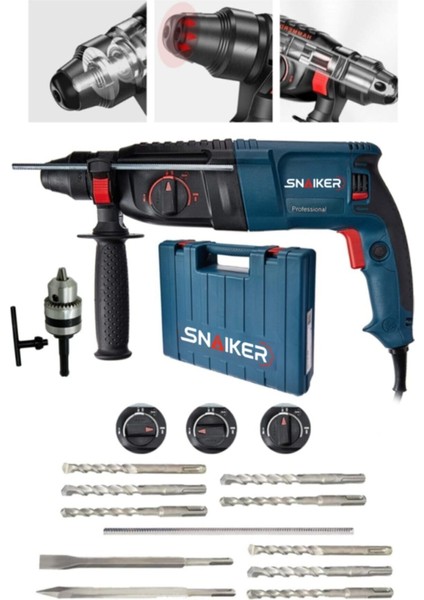 Tekno Trust Alman 3000 W 5.0 Joul Kırıcı Delici Hilti Matkap Metal Şanzumanlı + 10 Adet Uç Yedek Mandren Gri