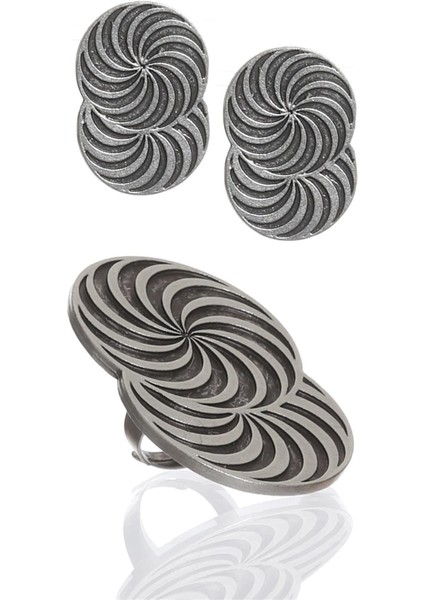 Kadın Antik Gümüş Kaplama Çivili Model Spiral Baskılı Küpe &yüzük Set indirimleri