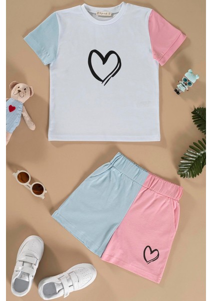 Kalp Baskılı Pembe Tshirt Şort Takım