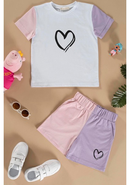 Kalp Baskılı Lila Tshirt Şort Takım