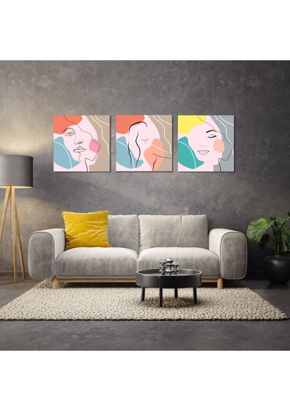 3'lü Kare Kanvas Renkli Çizgisel Kadın Silüeti Tablo Seti
