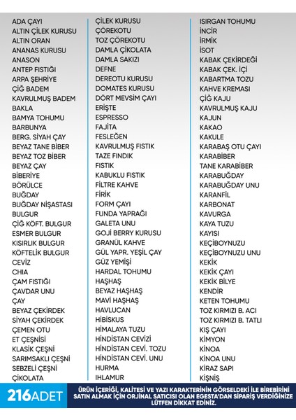 216 Adet Kare-Yıkanabilir Baharat-Bakliyat-Kuruyemiş-Bitki-Çay-Kahve Kavanoz Etiket sticker modelleri