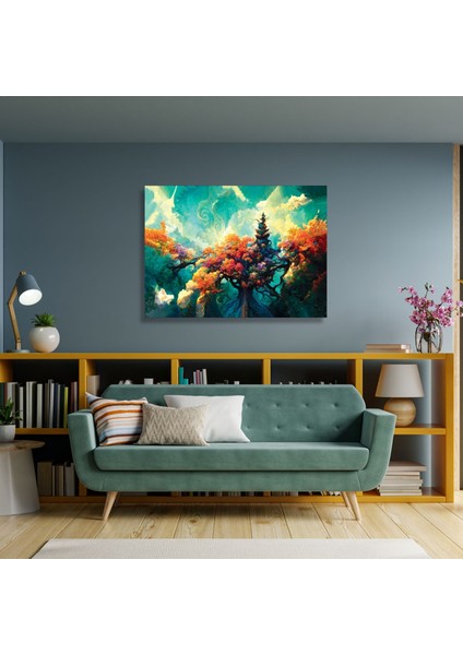 Tekli Yatay Kanvas Duvar Tablosu Renkli Ağaç Görseli