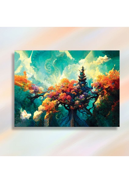 Tekli Yatay Kanvas Duvar Tablosu Renkli Ağaç Görseli modelleri