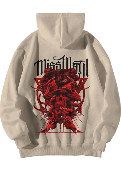 Krem Unisex Oversize Kapşonlu Kanguru Cepli Miss May I Baskılı Sweatshirt Hoodie