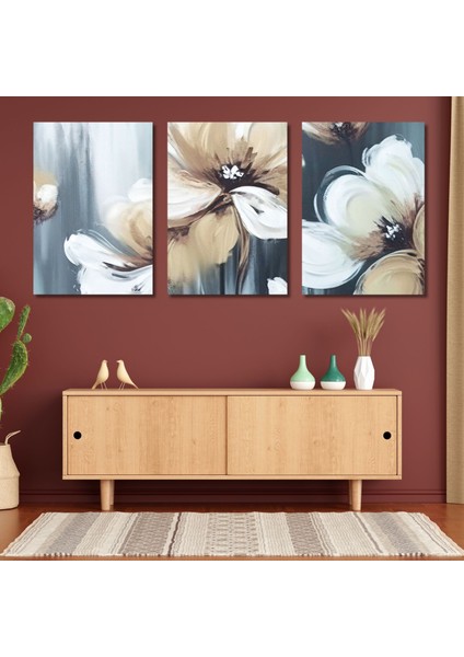 3'lü Kanvas Duvar Tablosu Seti Soft Çiçek Deseni