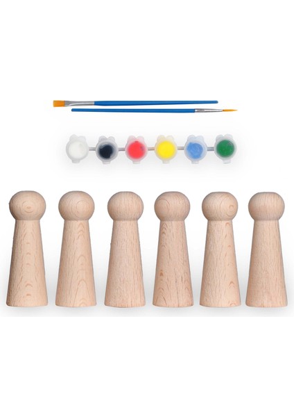 Montessori Toys Ahşap El Yapımı Peg Bebek 6'lı Boyama Seti Fırça Boya Dahil -Peg4-9,5cm