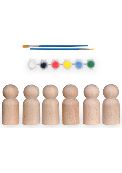 Montessori Toys Ahşap El Yapımı Peg Bebek 6'lı Boyama Seti Fırça Boya Dahil -Peg8-7,5cm