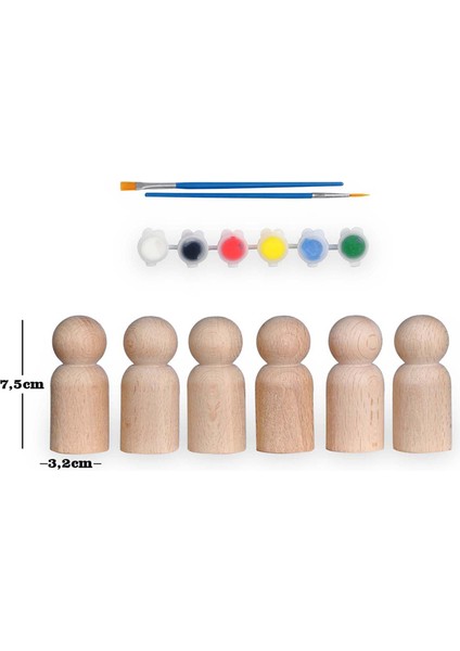 Montessori Toys Ahşap El Yapımı Peg Bebek 6'lı Boyama Seti Fırça Boya Dahil -Peg8-7,5cm