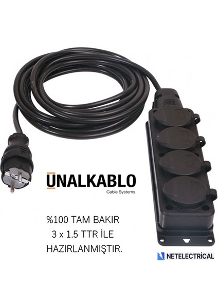 Kauçuk 4'lü (Dörtlü) 10 Metre Grup Priz (3x1.5 Ttr Tam Bakır Kablo)