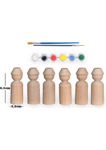 Montessori Toys Ahşap El Yapımı Peg Bebek 6'lı Boyama Seti Fırça Boya Dahil -PEG13-9,5CM