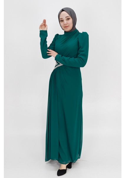 4532 Şifon Kumaş Beli Taş Detaylı Abiye