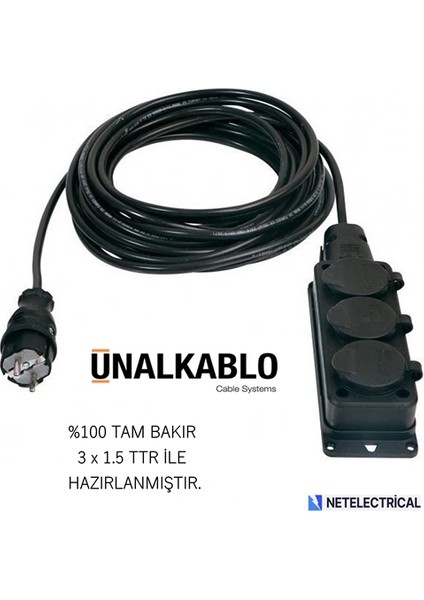 Kauçuk 3'lü (Üçlü) 35 Metre Grup Priz (3x1.5 TTR TAM BAKIR KABLO)