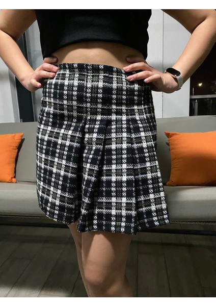 Desenli Örme Kumaş %100 Pamuklu Yüksek Bel Kışlık Mini Kalem Etek Pileli Tüvit