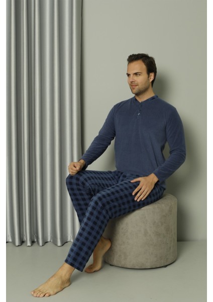 Erkek Mavi Düğmeli Polar Kareli Ekose Desenli Pijama Takımı 35002