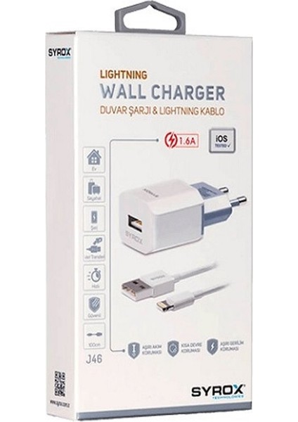 J46 IPHONE Giriş Uyumlu (Usbout_ıphone In1.6 A Şarj Aleti (Başlık ve Kablo Set)