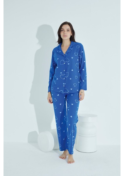Kadın Saks Mavi Boydan Düğmeli Gömlek Yaka Kalp Desenli Pijama Takımı 958