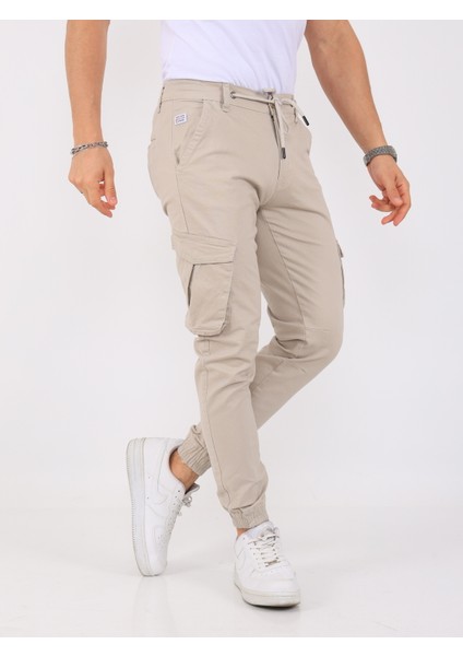 Erkek Kargo Cepli Lastik Paça Basic Gabardin Taş Rengi Jogger Pantolon