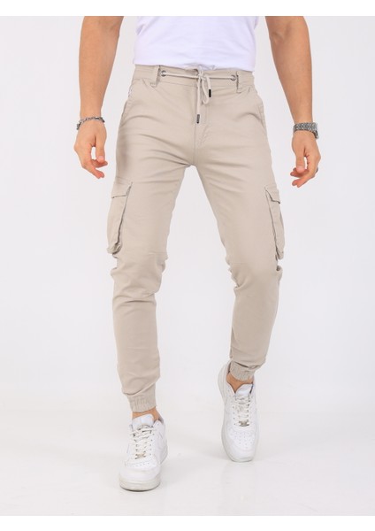 Erkek Kargo Cepli Lastik Paça Basic Gabardin Taş Rengi Jogger Pantolon