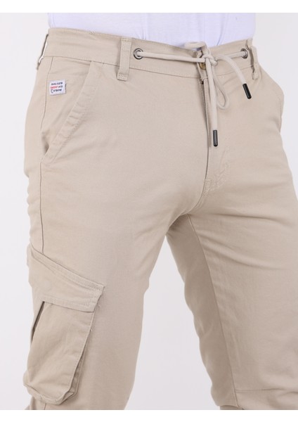 Erkek Kargo Cepli Lastik Paça Basic Gabardin Taş Rengi Jogger Pantolon