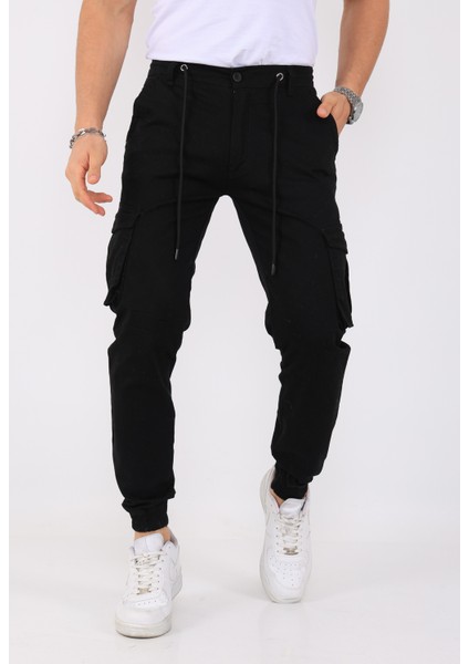 2Five Erkek Kargo Cepli Lastik Paça Siyah Renk Basic Gabardin Kumaş Jogger Pantolon