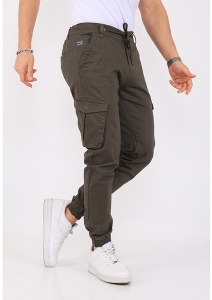 Erkek Kargo Cepli Lastik Paça Basic Gabardin Koyu Çağla Renk Jogger Pantolon