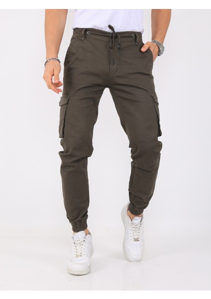 Erkek Kargo Cepli Lastik Paça Basic Gabardin Koyu Çağla Renk Jogger Pantolon