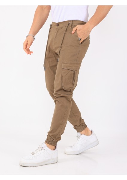 Erkek Kargo Cepli Lastik Paça Basic Gabardin Toprak Rengi Jogger Pantolon