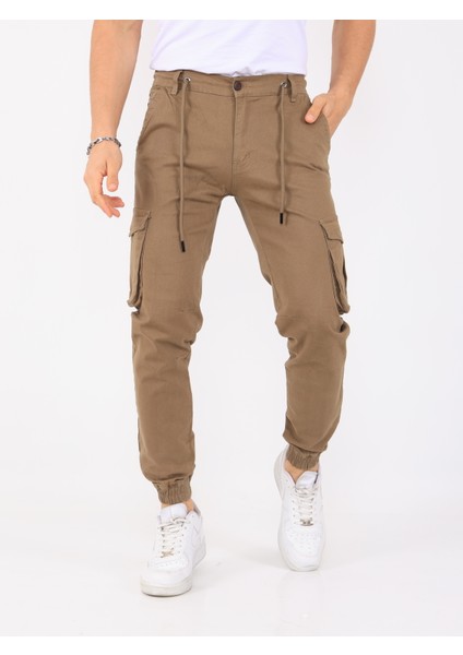 Erkek Kargo Cepli Lastik Paça Basic Gabardin Toprak Rengi Jogger Pantolon