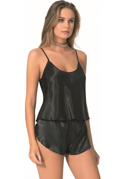 Beruflic Siyah Saten Babydoll Şort Takımı