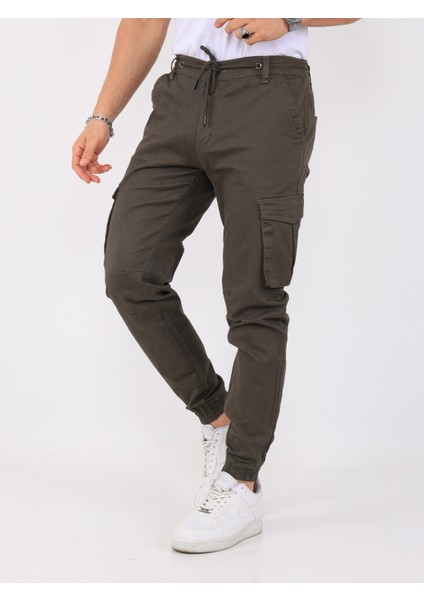 Erkek Kargo Cepli Lastik Paça Basic Gabardin Koyu Çağla Renk Jogger Pantolon