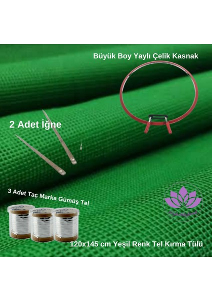 Tel Kırma Kına Seti Yeşil Renk Kare Tül 3 Adet Taç Tel Kırma Teli ve Büyük Yaylı Kasnak