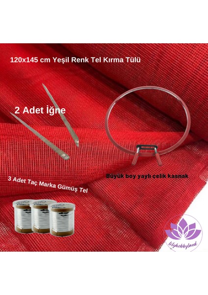 Tel Kırma Kına Seti Kırmızı Renk Kare Tül 3 Adet Taç Tel Kırma Teli ve Büyük Yaylı Kasnak