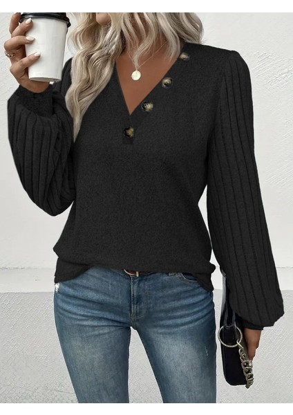 Kadın Uzun Kollu Kolları Fitilli Yakası Düğme Detay Şardonlu Bluz fiyatları