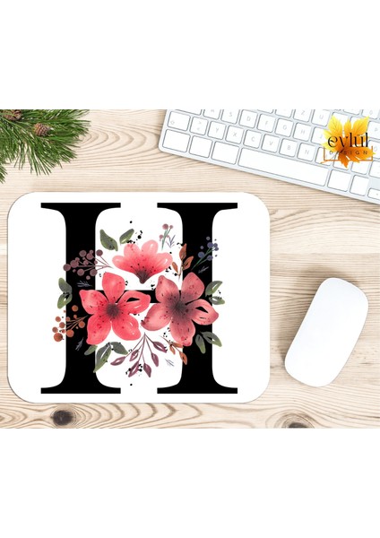 H Harfi Pembe Çiçekli Baskılı Özel Tasarım Dikdörtgen Kaydırmaz Mousepad