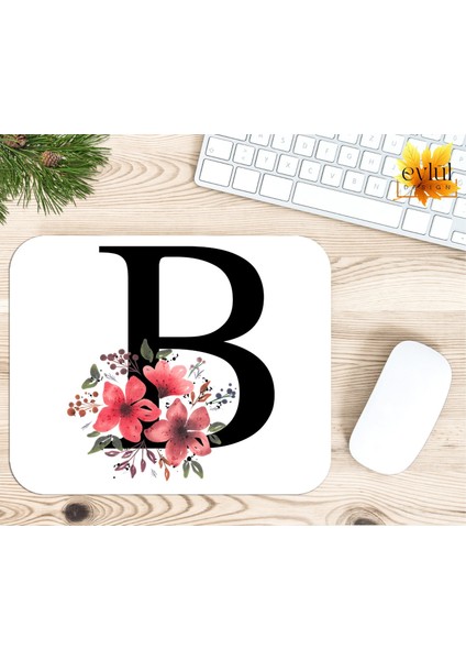 B Harfi Pembe Çiçekli Baskılı Özel Tasarım Dikdörtgen Kaydırmaz Mousepad