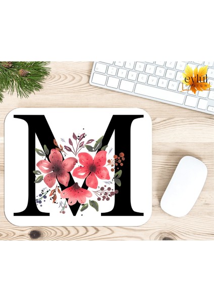 M Harfi Pembe Çiçekli Baskılı Özel Tasarım Dikdörtgen Kaydırmaz Mousepad modelleri