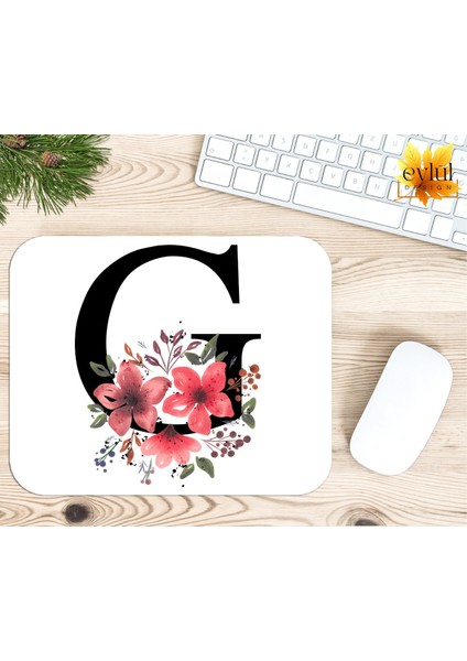 G Harfi Pembe Çiçekli Baskılı Özel Tasarım Dikdörtgen Kaydırmaz Mousepad