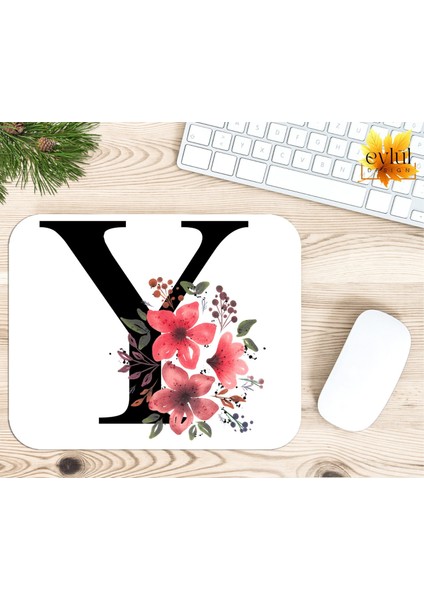 Y Harfi Pembe Çiçekli Baskılı Özel Tasarım Dikdörtgen Kaydırmaz Mousepad